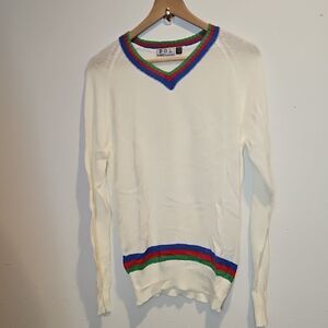 POL Cream V Neck Lightweight Knit Sweater with Multicolor Trim Unisex NWOT